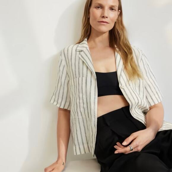 Everlane M Linen The Workwear Shirt Black Canvas Stripe Short Sleeve Button Down - Picture 1 of 8